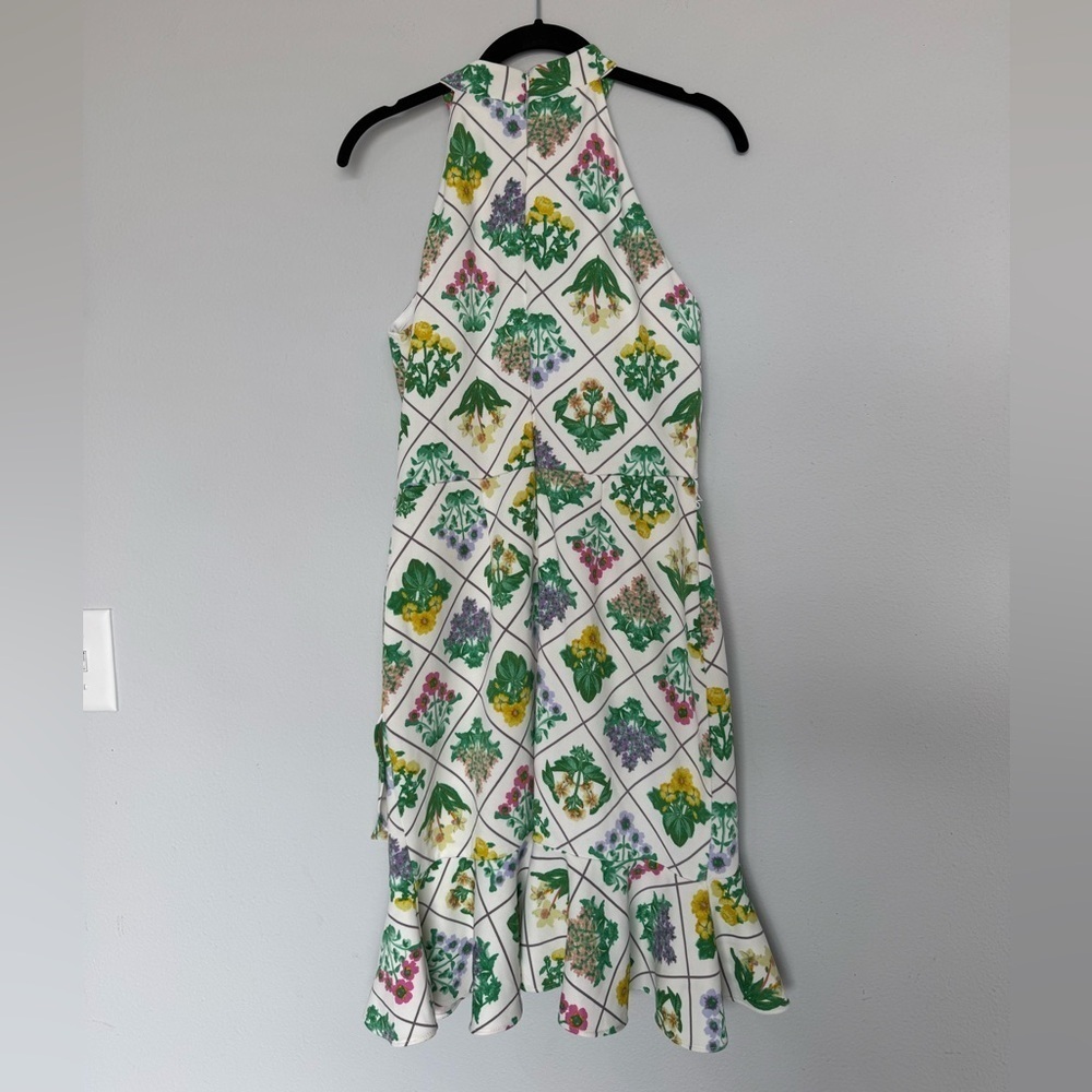 Melonie T Halter Floral Garden Party Botanical Midi Dress Size 8 Ruffle Hem